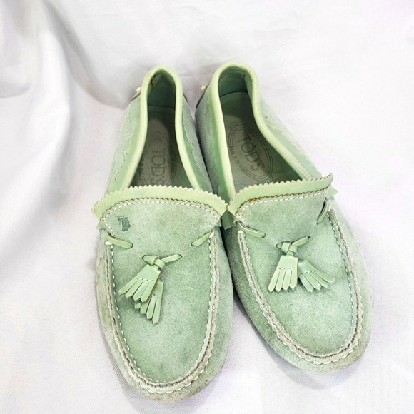 Tod's Light Green Suede Tassel Loafers - Picture 1 of 10